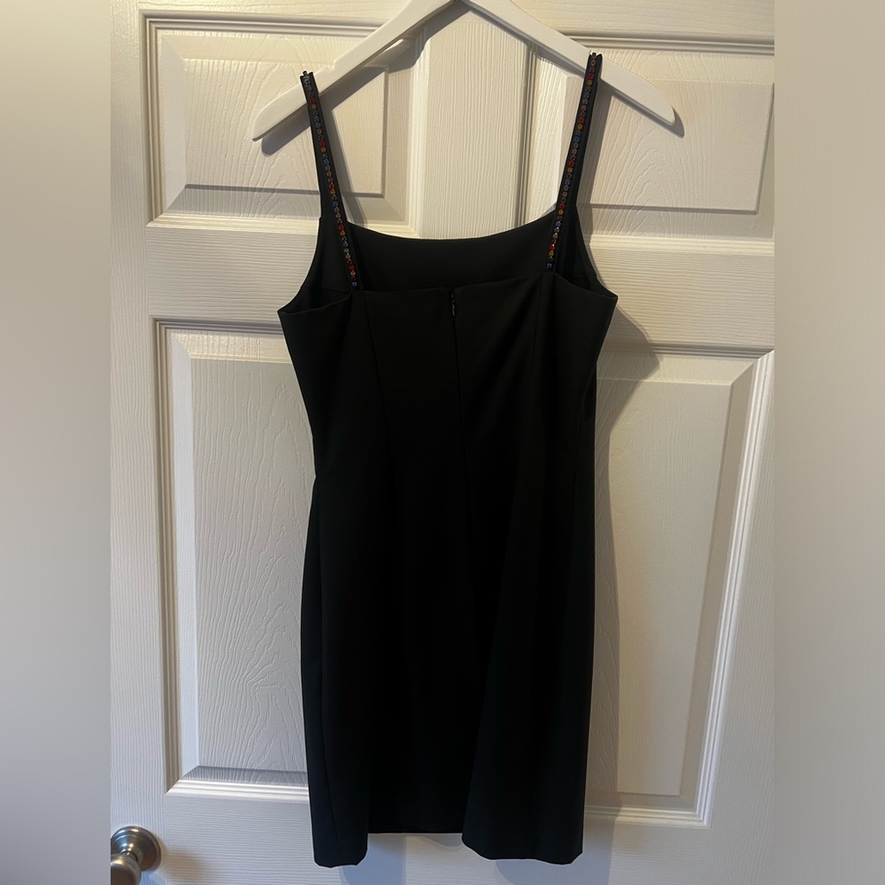 staud black dress with bejeweled straps
